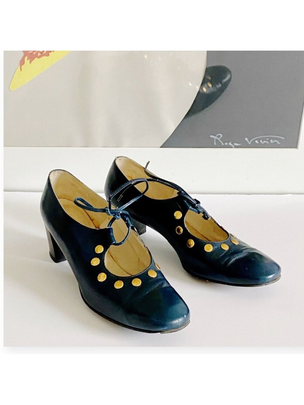 Roger Vivier Mod Ghillie Pumps Navy Leather Gold Studs Saks 7 AAA 1960s